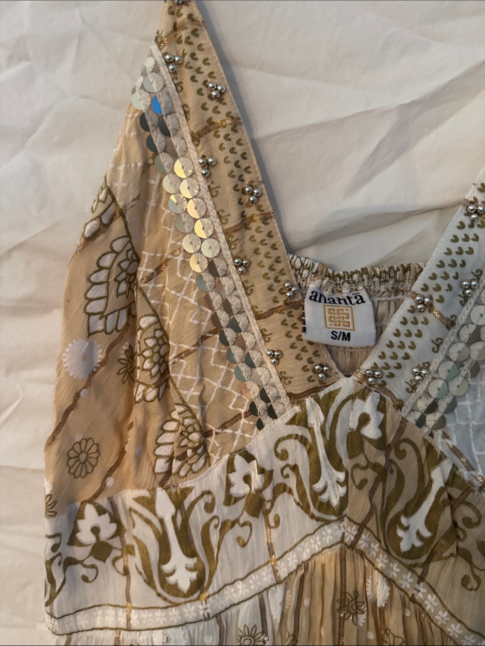 Ananta Festival Bohemian Spaghetti-Strap Dress in Beige and White - Picture 3 of 7